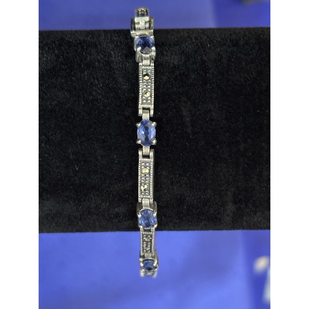 Vintage .925 Silver Blue Tanzanite CZ & Marcasite Tennis Bracelet 8 Inches
